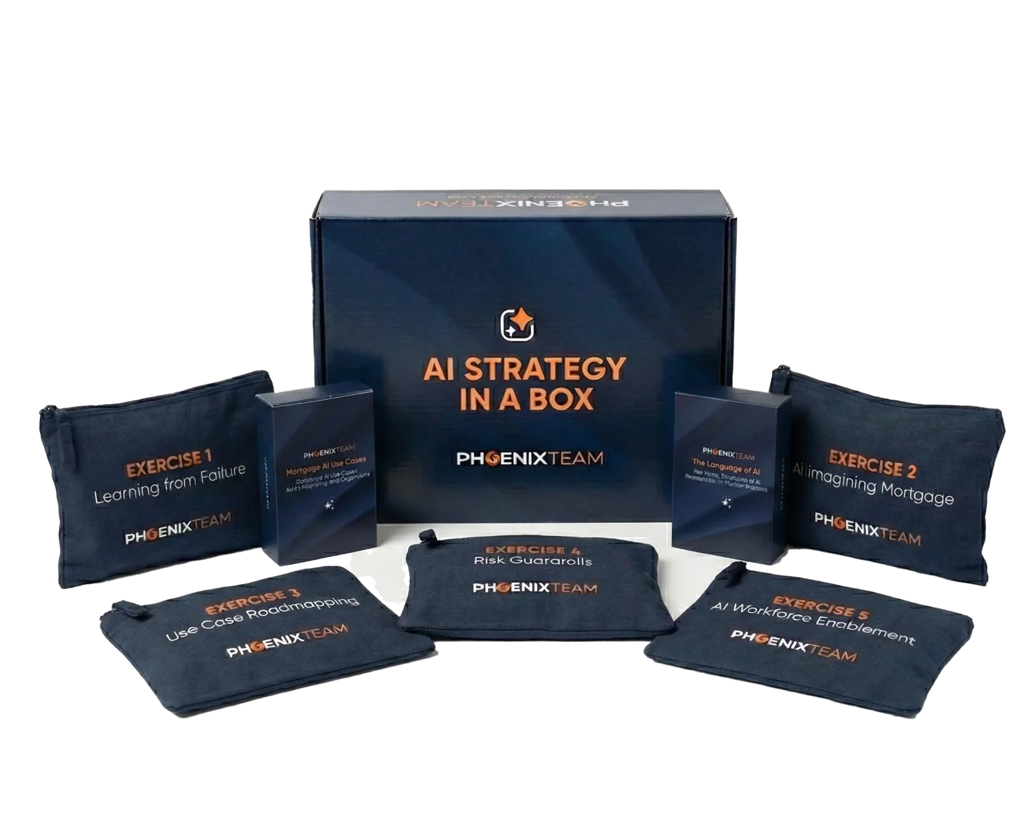 AI Strategy in a Box kit: branded box with five exercise pouches and two card decks