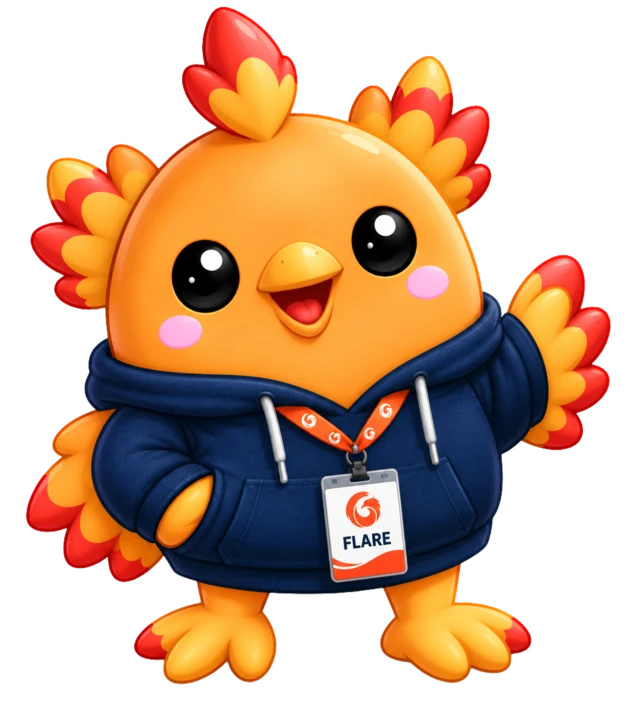 Flare, the PhoenixTeam mascot, wearing a PhoenixTeam hoodie and badge