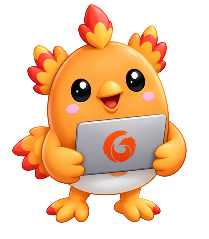 Flare, the PhoenixTeam AI education mascot, learning with a laptop