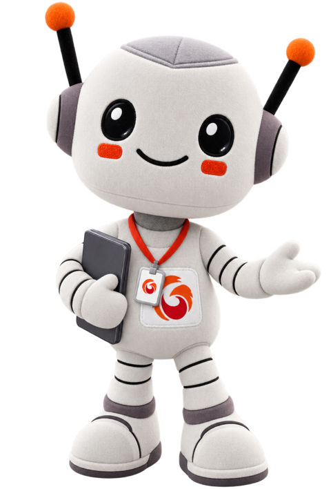 Pivot, the PhoenixTeam mascot, wearing a badge and holding a phone