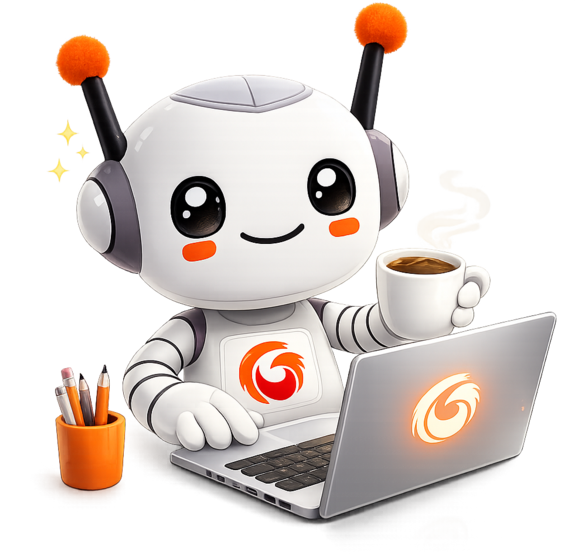 Pivot, the PhoenixTeam AI education mascot, studying at a laptop