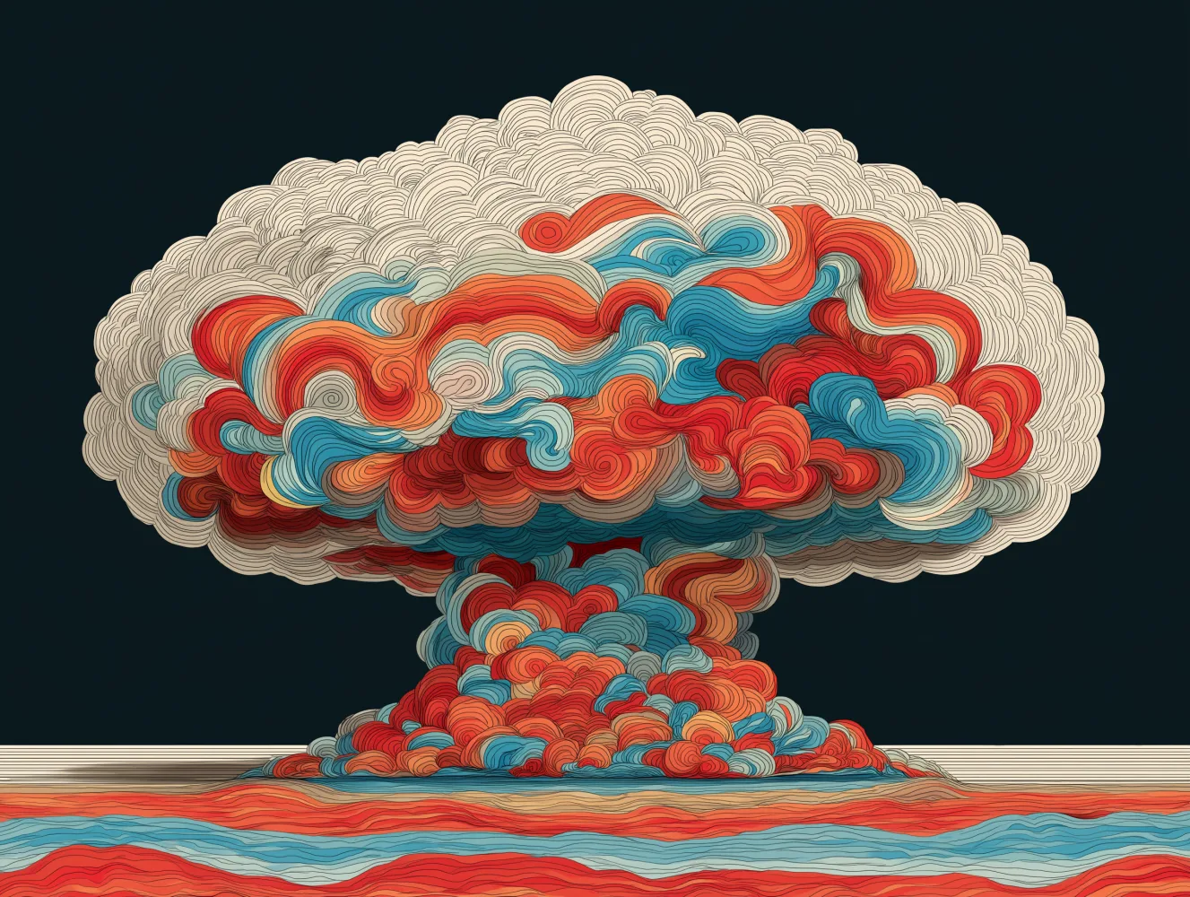 The mushroom cloud of the inevitable AI future. Created on Midjourney