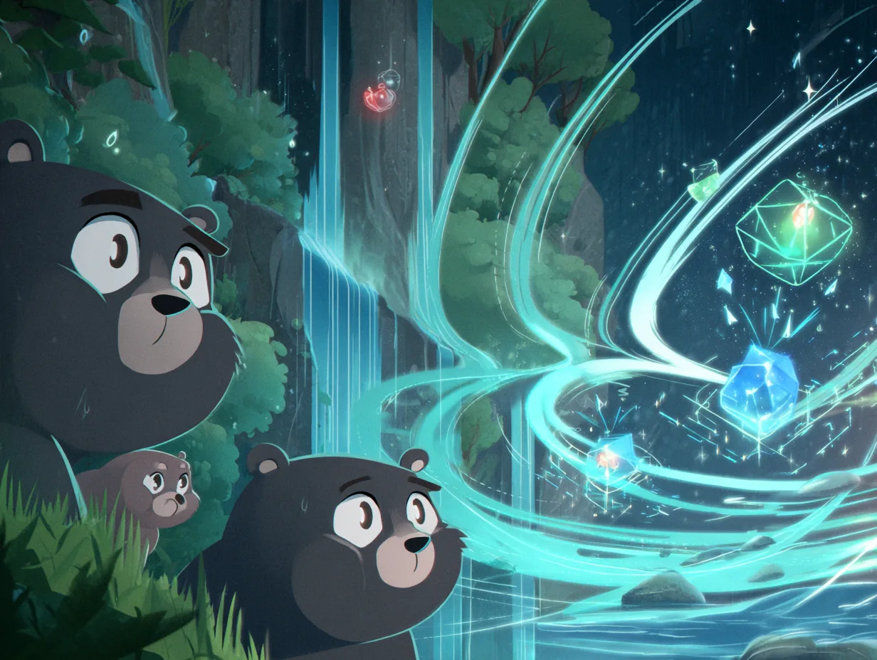 "Cartoon style scene of several friendly bear cubs swirling playfully around glowing streams of futuristic technology - floating holograms, data ribbons, and soft light particles..." Created on Midjourney