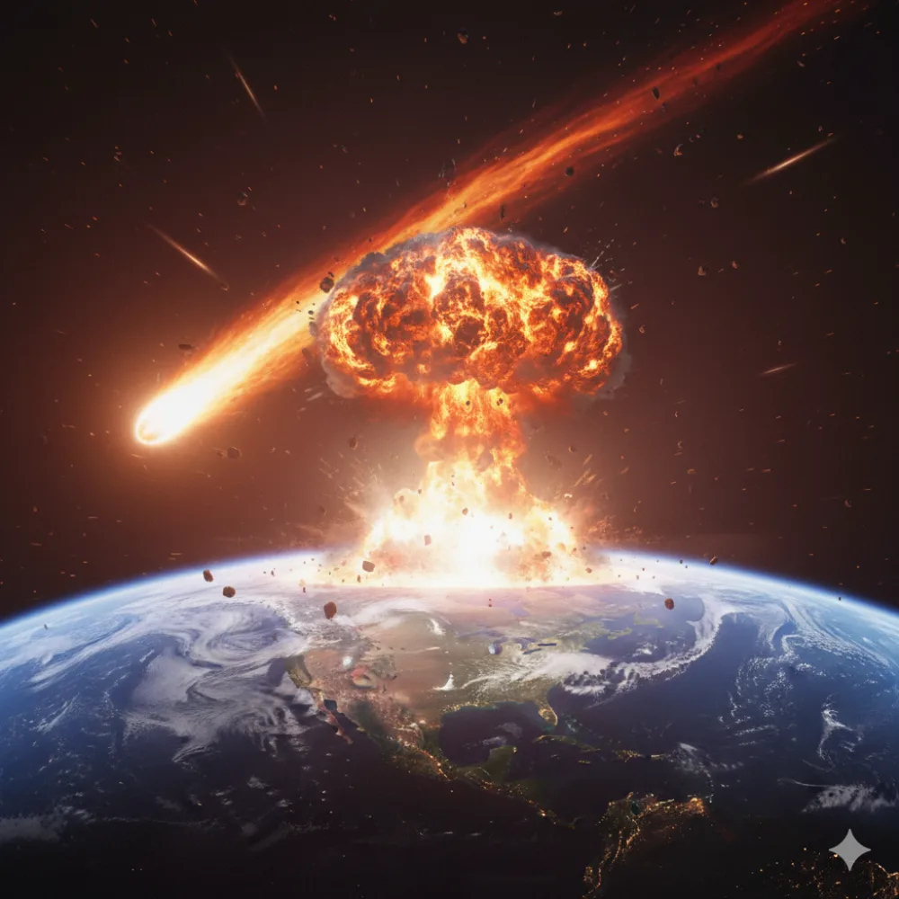 I tried to get a photorealistic image from gemini but it just wouldn't make the comet hit the earth. It kept showing the fire and smoke BEFORE the comet hit. In this version, the comet isn't even on the right trajectory. GenAI is so frustrating.