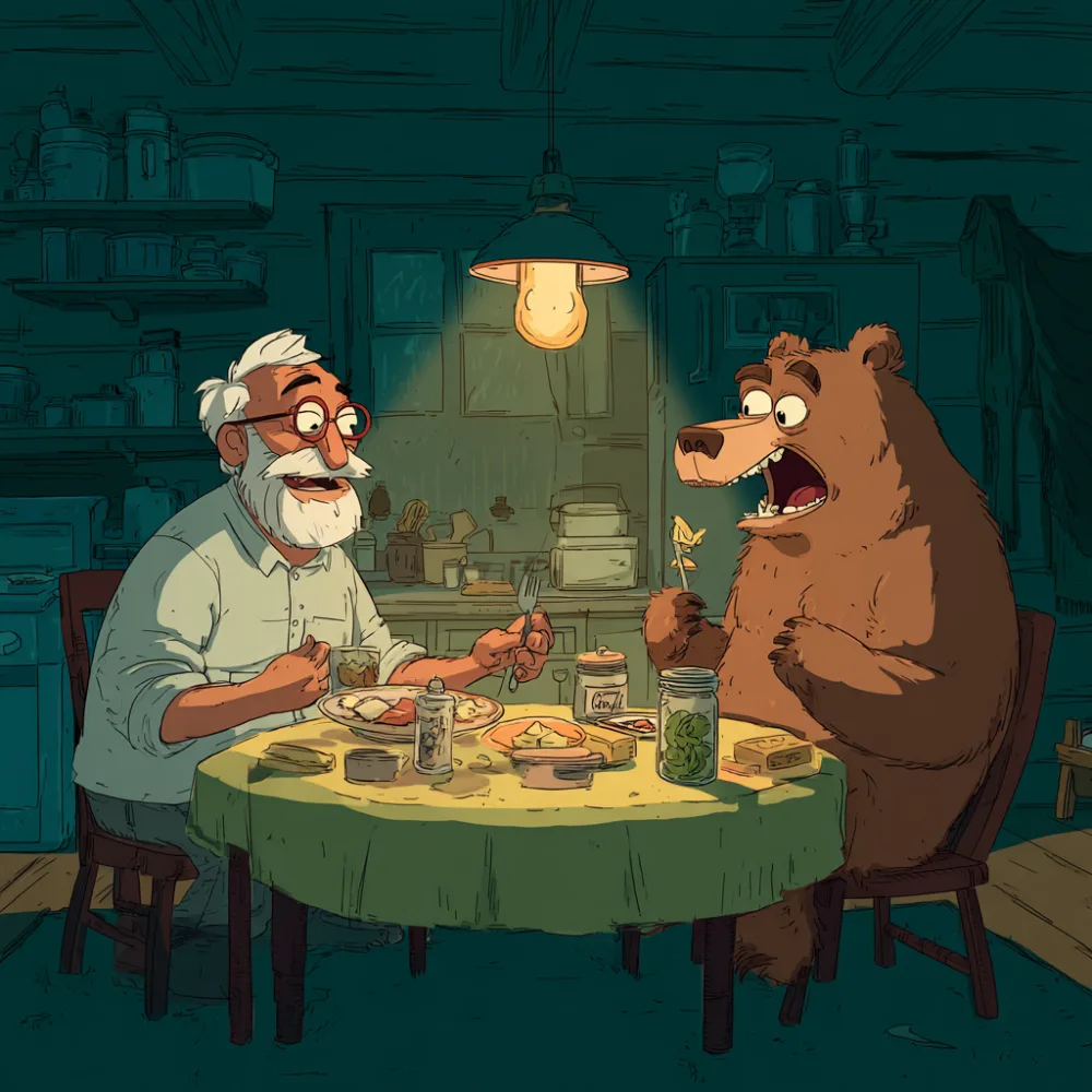 You and the bear sitting down for dinner wondering who is eating whom.