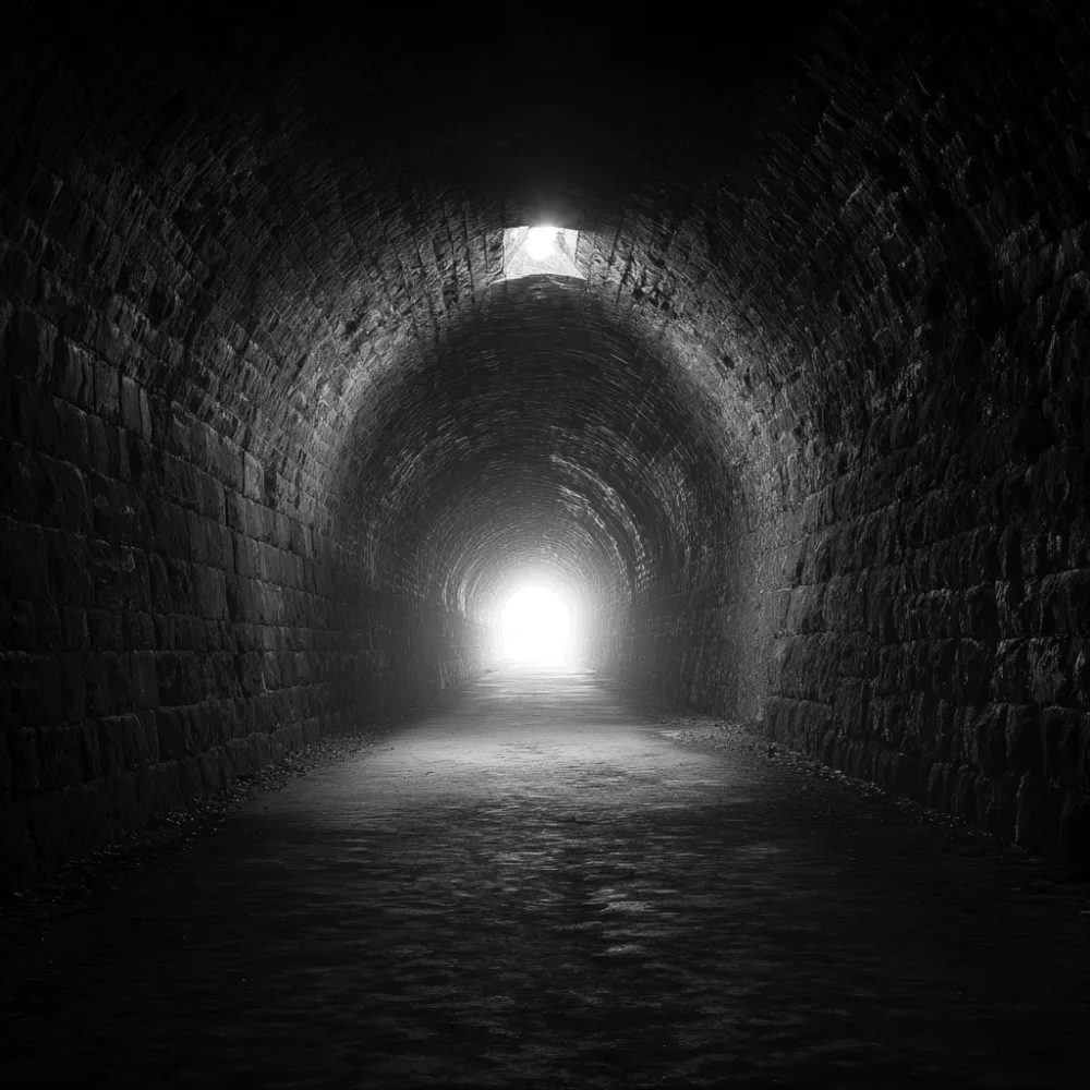 Midjourney always does better with image gen. Prompt: light at the end of a very long tunnel.