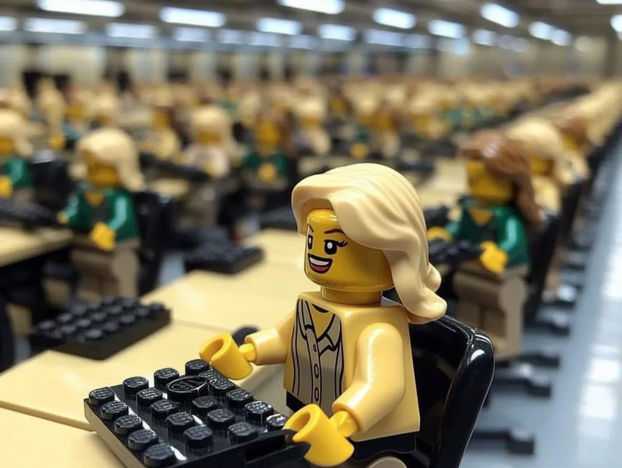 "Agents building technology with legos", created by Midjourney.